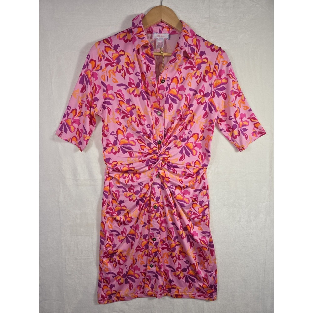 Stella Parker UPF Sun Protection Floral Twist Shirt Dress Pink Fuchsia M NWT - Picture 2 of 12